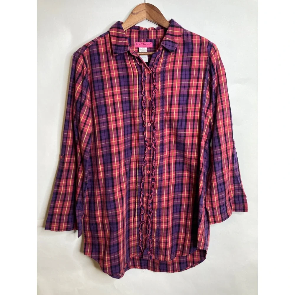Betsey Johnson Intimates Womens Top L Pink Plaid Ruffle Button Pajama Loungewear
